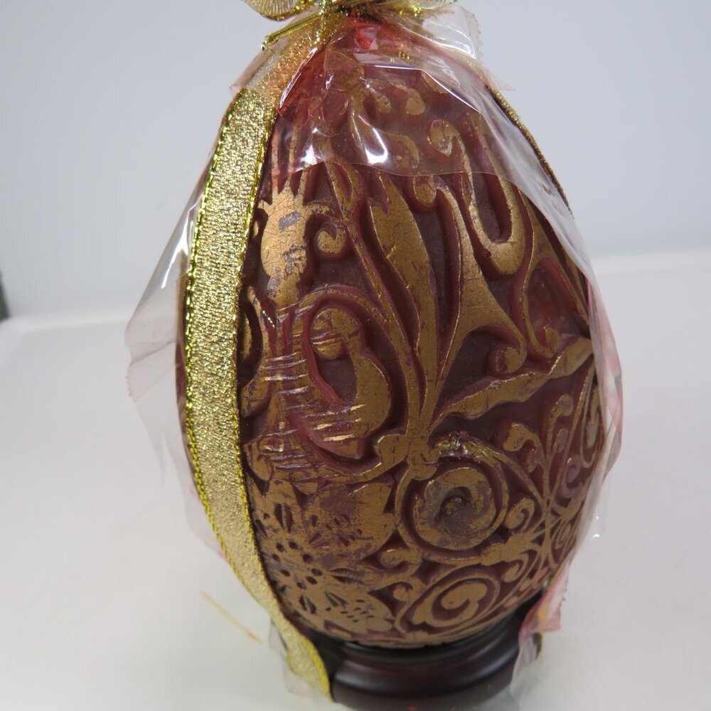 Ornate Carved Wax Egg Candle Burgundy Gold 6" | Wooden Base | Victorian Baroque